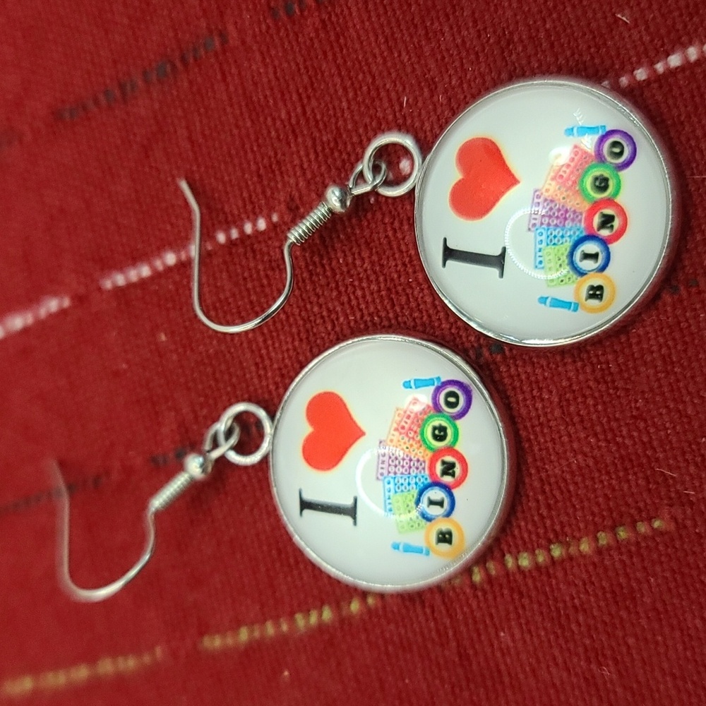 BINGO "I Love Bingo" Round Dangle Earrings silvertone NWT